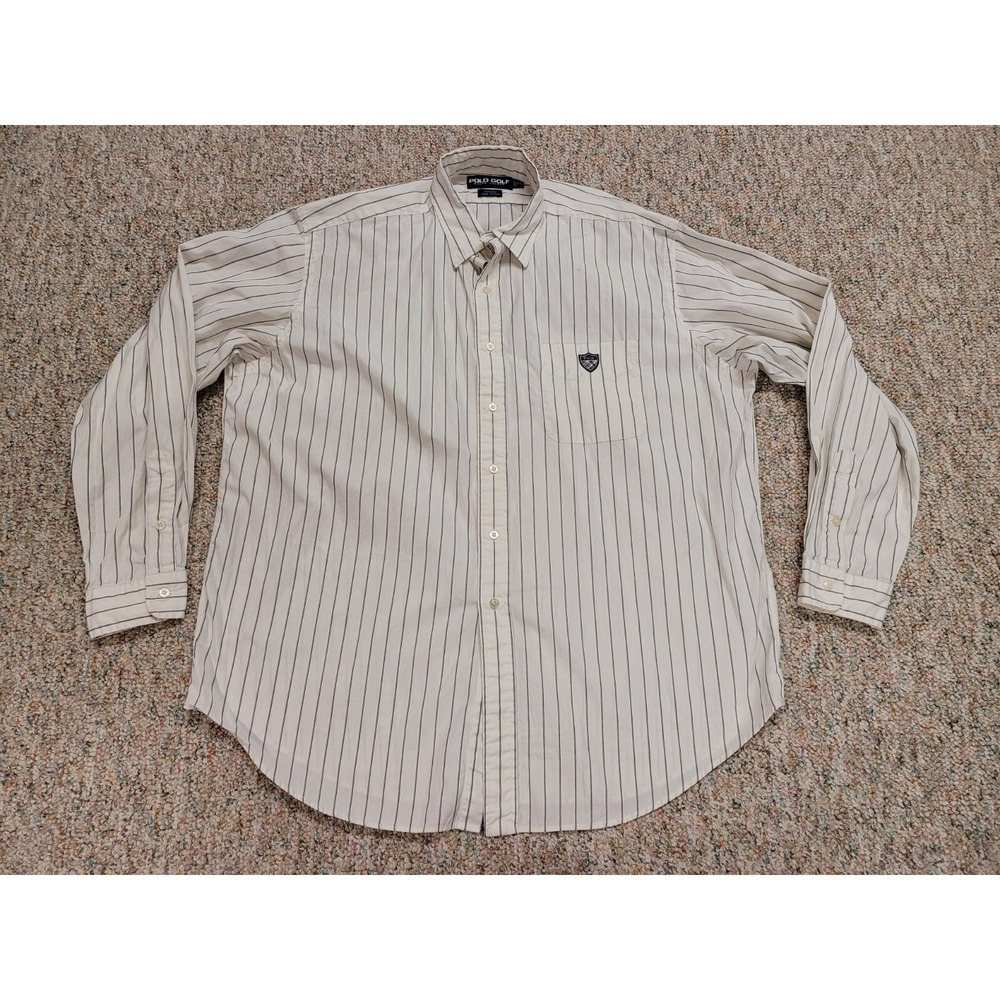 Polo Golf Ralph Lauren Shirt Men XL White Blue Striped Button Down Kincaid Crest